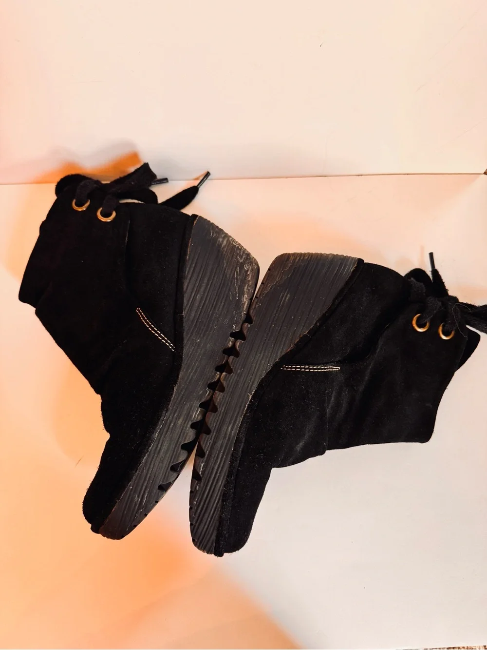 Fly London Black Suede Wedge Ankle Booties with Back Tie